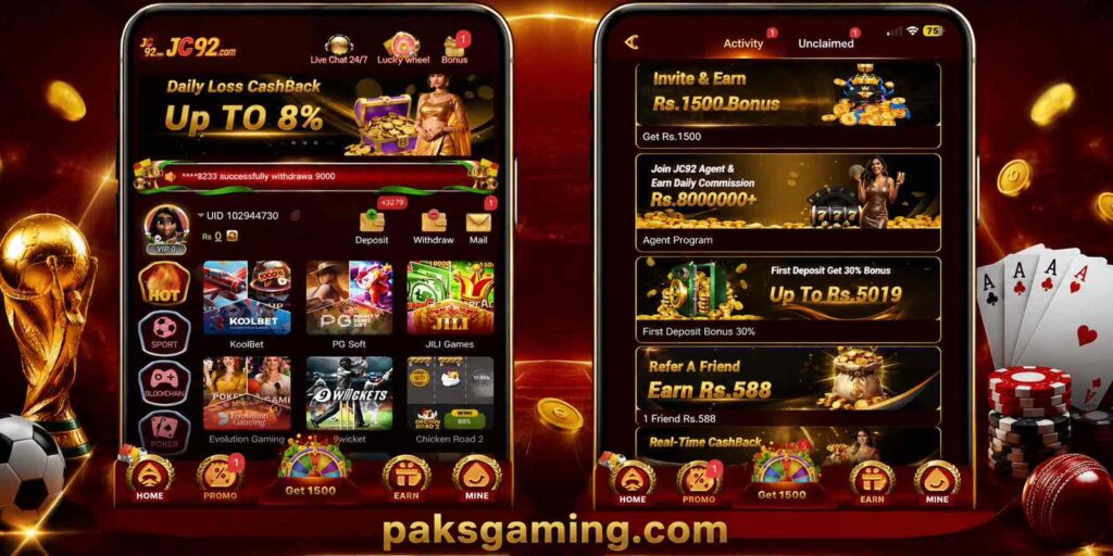JC92.com app guide showing download, login, games, rewards, deposit and withdrawal process features.