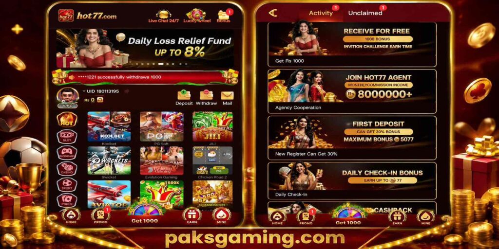 hot77.com reward app for Android featuring online entertainment activities, tasks, and Easypaisa JazzCash reward options in Pakistan