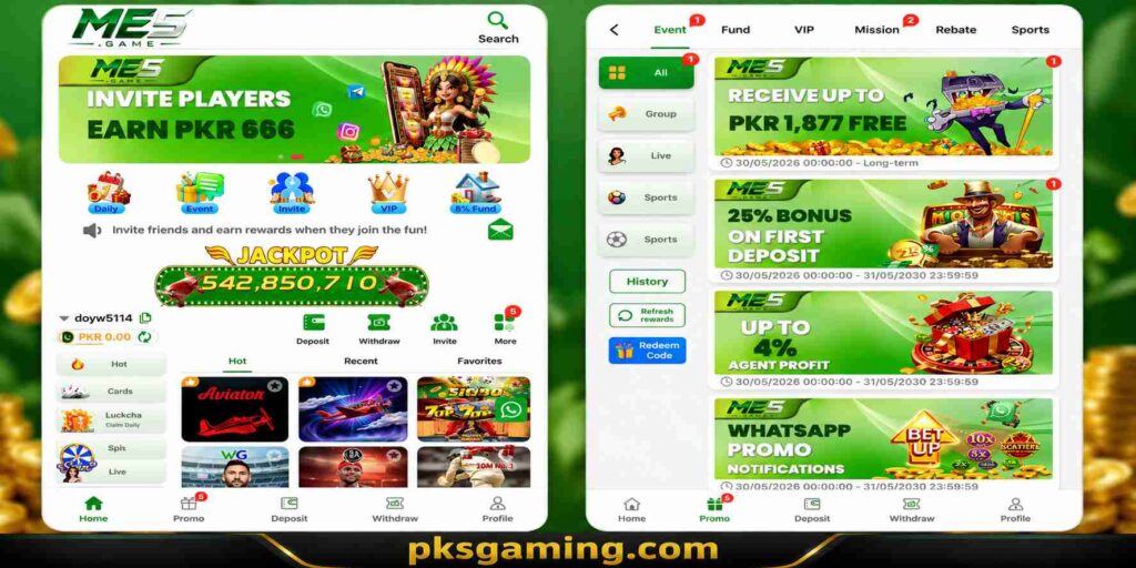 ME5.GAME mobile gaming app dashboard with rewards, login, and game features.