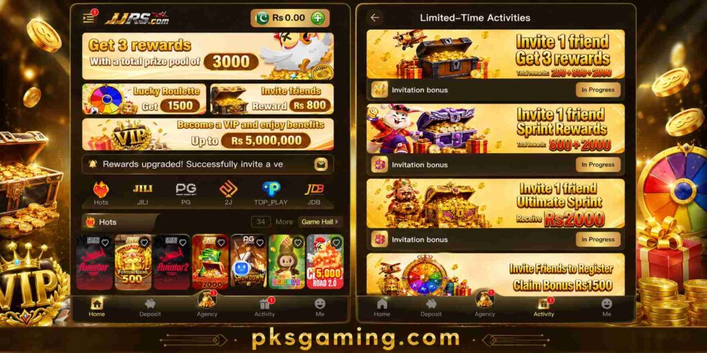 JJRS.GAME mobile gaming app dashboard showing login, registration, rewards, bonus offers, game categories, and wallet features on Android.