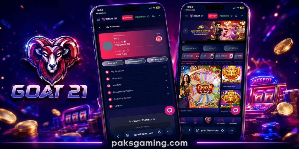 GOAT 21 GAME online gaming platform homepage with registration, login, bonuses, and mobile-friendly gaming interface