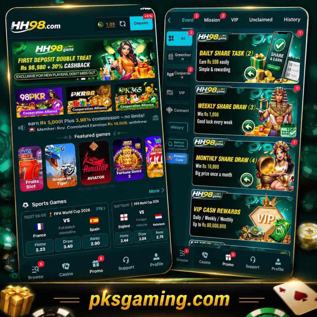 HH98.com online gaming platform dashboard on mobile and desktop