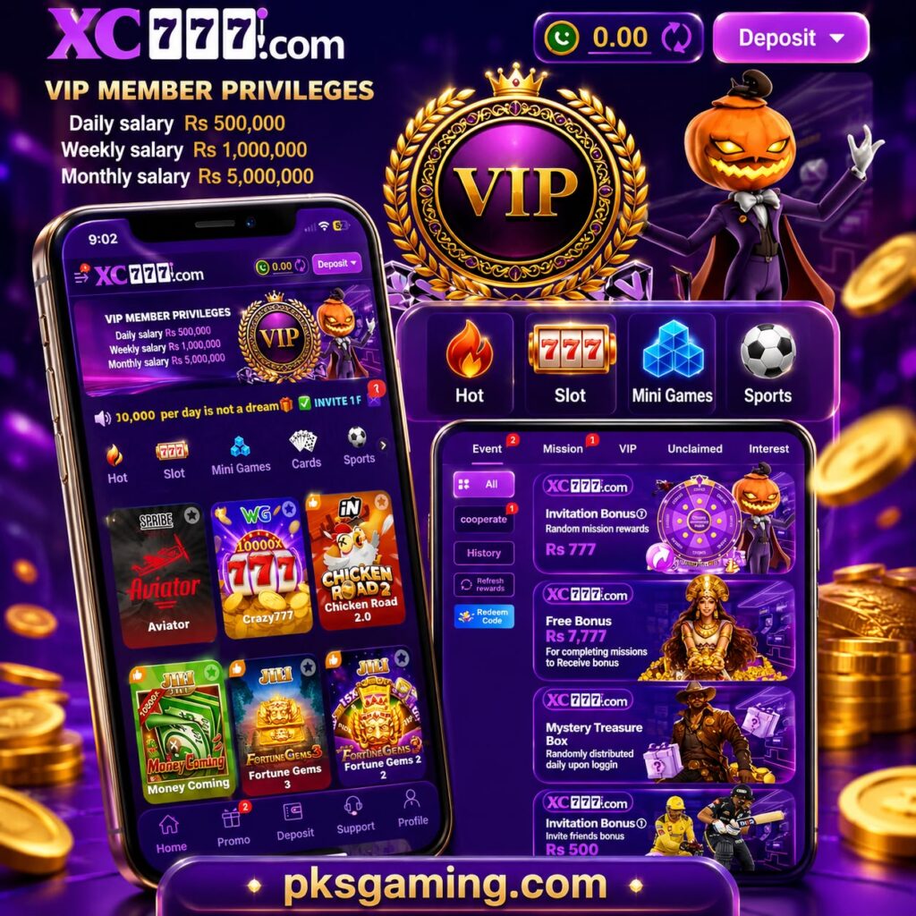 XC777 mobile gaming platform interface with games, rewards, and user dashboard