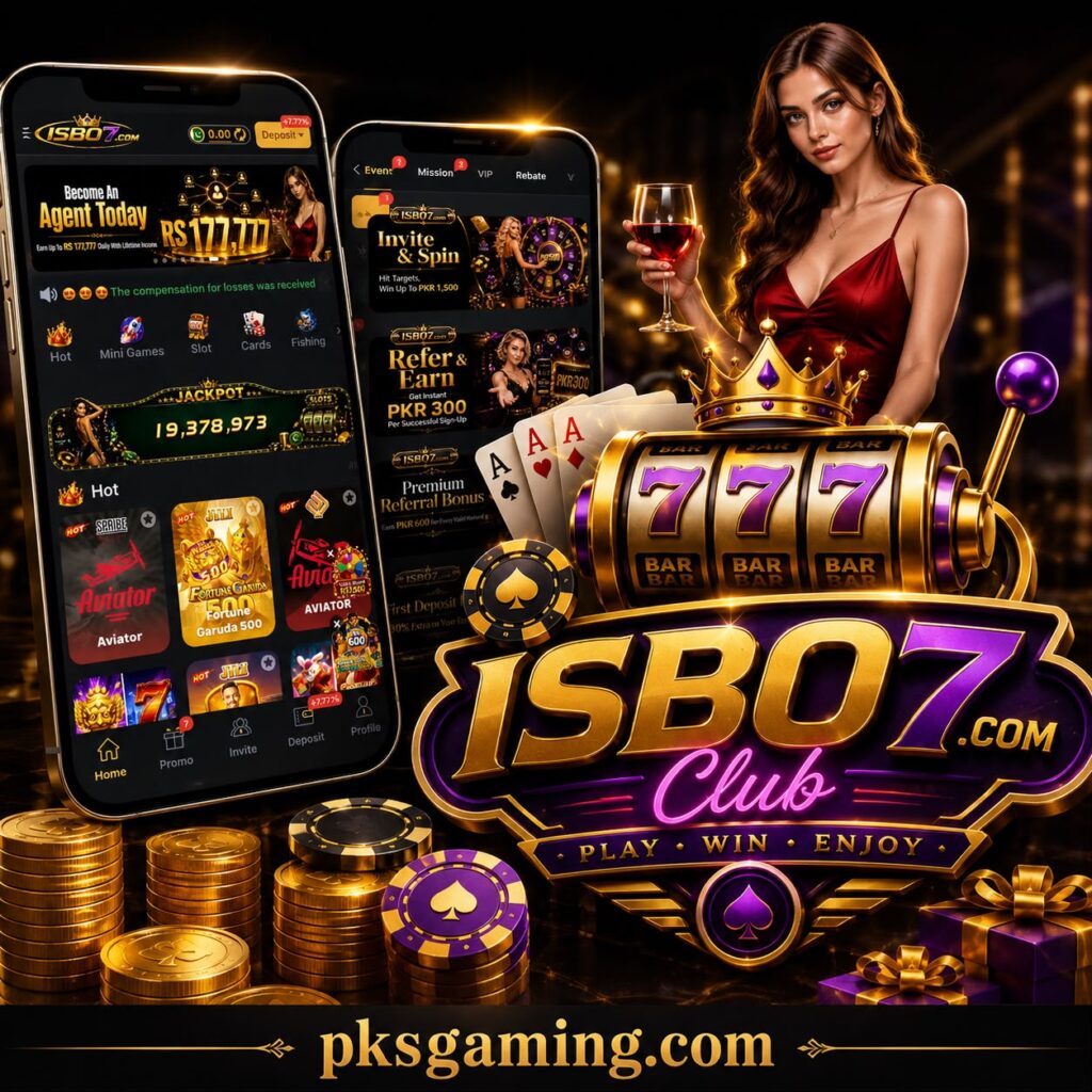 ISBO7 mobile gaming platform dashboard with download, registration, login, rewards, and game features