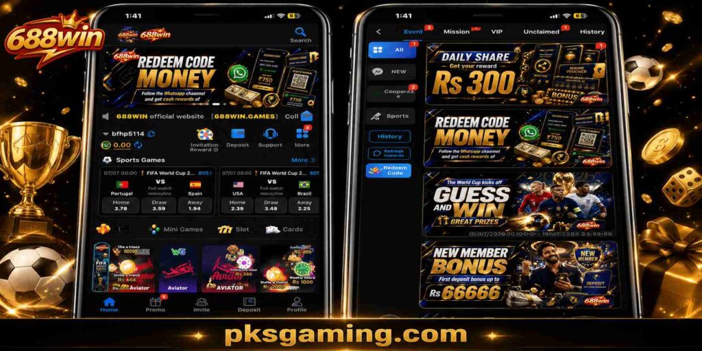 688Win online platform interface showing login, registration, mobile access, and account features.