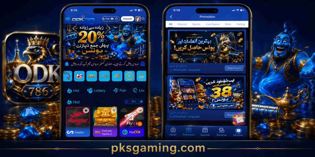 The ODK786.com homepage is displayed on a smartphone showing the platform interface and gaming categories.