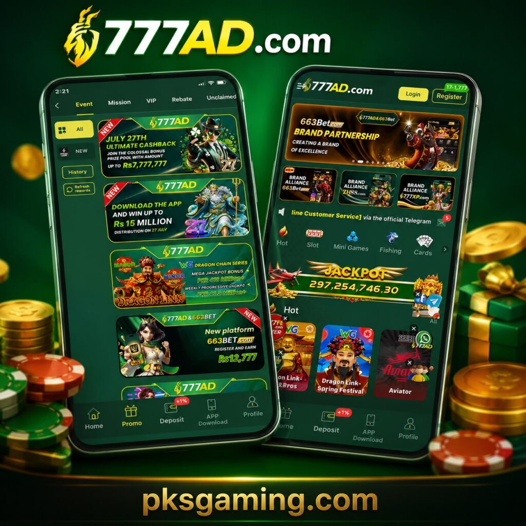 777AD9.com mobile gaming platform home screen with rewards, missions, and game categories for Android users.